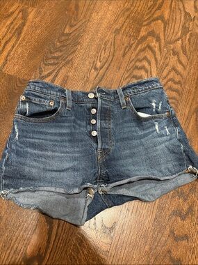 Levi 501 High-Rise Distressed Denim Shorts - Dark Blue